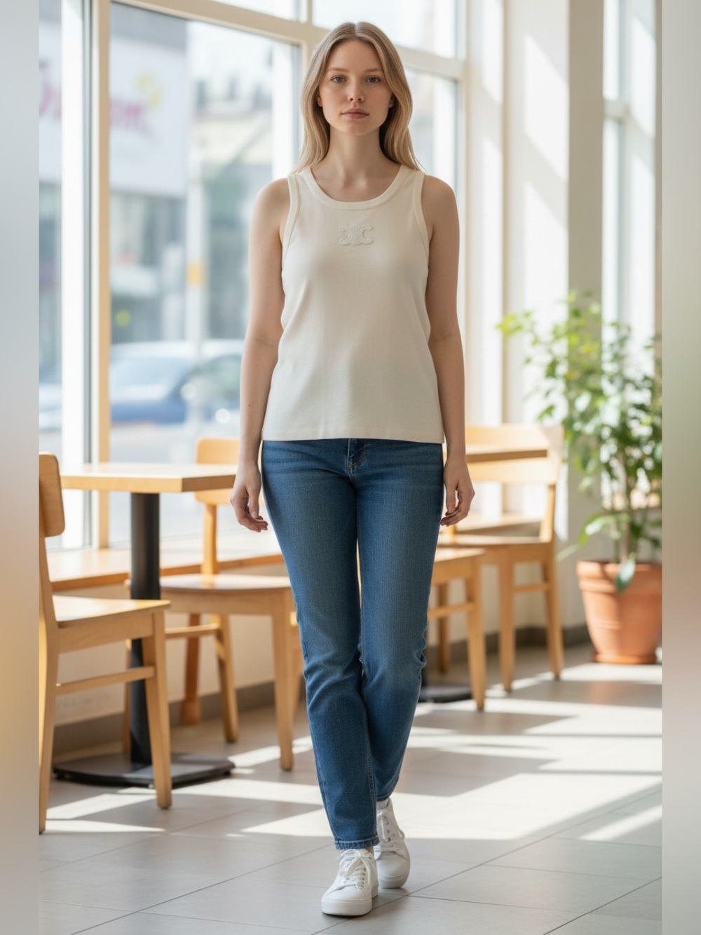White Sleeveless Ribbed Tank Top with Embroidered Crest